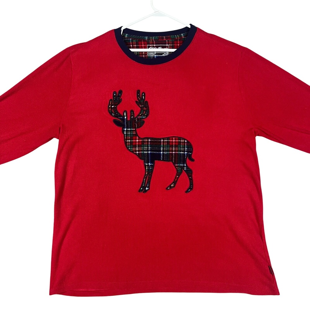 Eddie Bauer Sleepwear Shirt Mens XL Fleece Long Sleeve Christmas Plaid Moose Red
